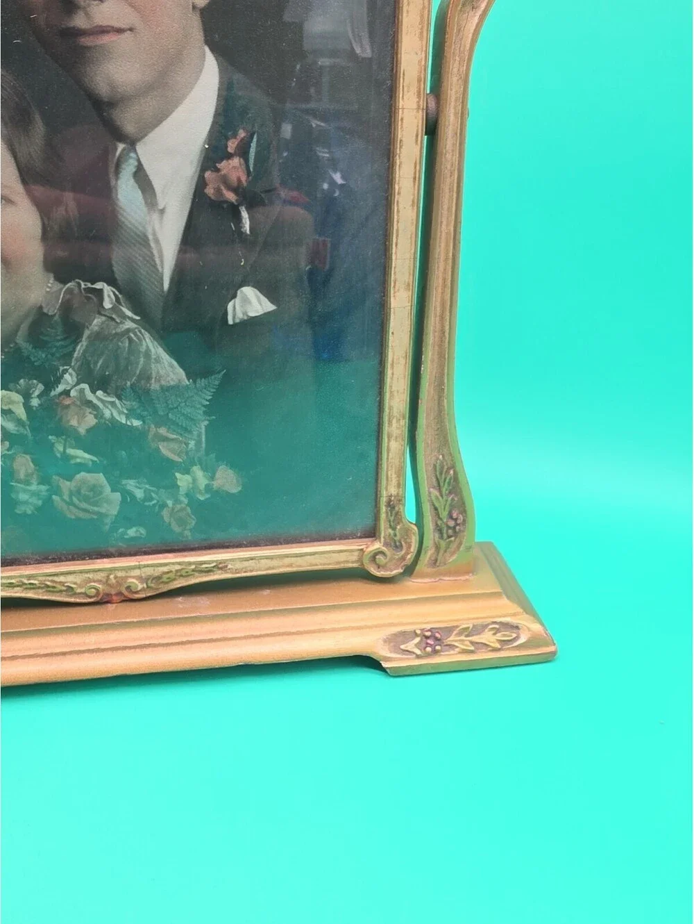 Antique 1930s Art Deco Victorian Style Ornate Wood Picture Frame Hand Colored